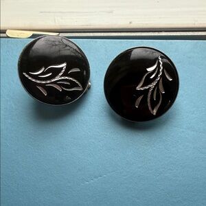 Vintage Black and Silver Leaf Clip-On Earrings
